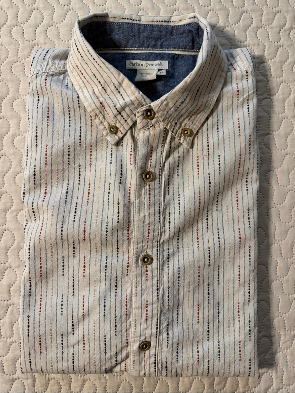 Carbon2cobalt Men’s Medium 100% Cotton Stripe Shirt in Off-White w/ Navy & Rust